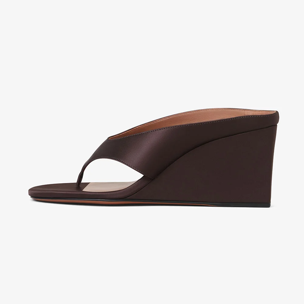 YDN Dark Brown Satin Open Round Toe Slip-On Wedge Sandals