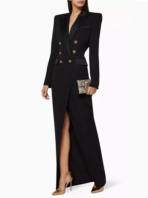 Black Double-Breasted Satin Lapel High-Slit Maxi Blazer Dress Black Double-Breasted Satin Lapel High-Slit Maxi Blazer Dress