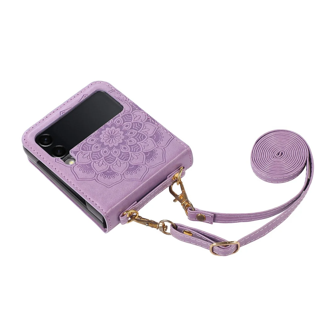 Crossbody Vintage Mandala Embossed Leather Phone Case With Lanyard For Galaxy Z Flip3/Flip4