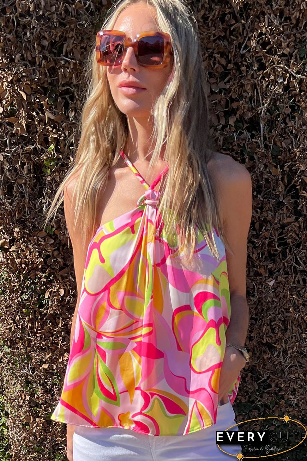 Pink Abstract Floral Print Knotted Halter Tank Top