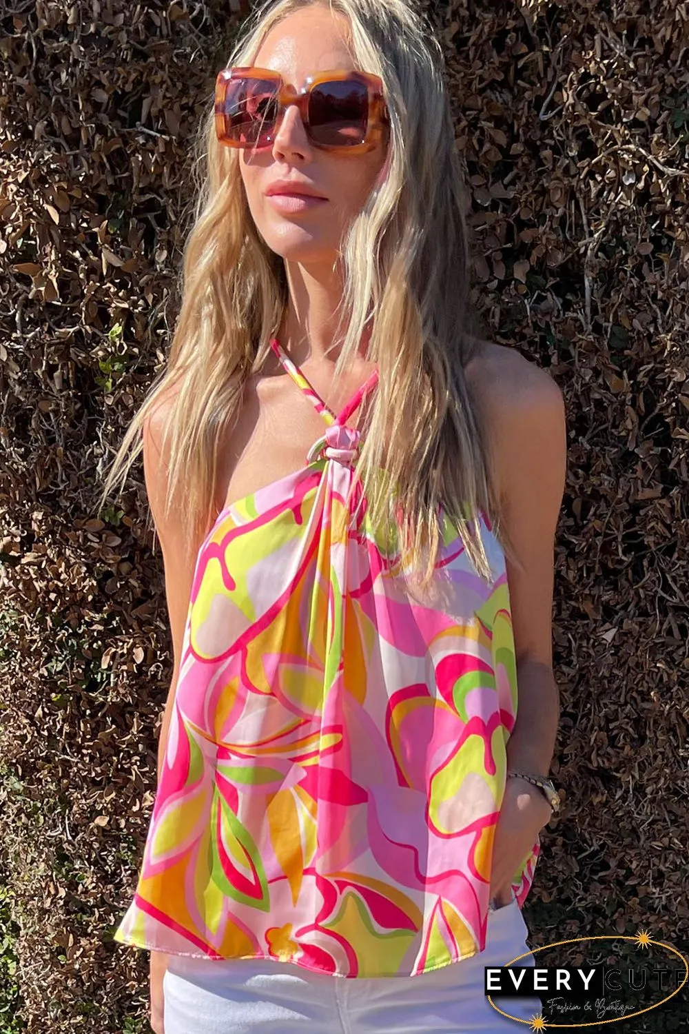 Pink Abstract Floral Print Knotted Halter Tank Top