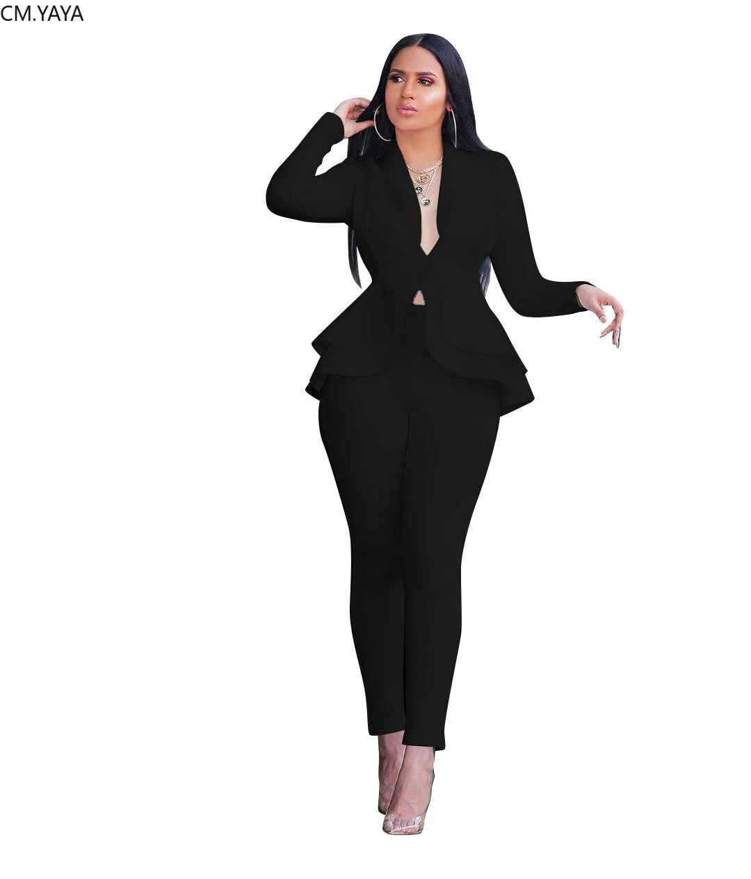 Women Winter Women's set Tracksuit Full Sleeve Ruffles Blazers Pants Suit Two Piece Set Office Lady business wear uniform GL610