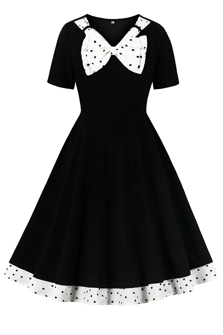 1950s Black Party Polka Dot Bow Contrast Colors Flare Swing Midi Dress[Pre-Order]