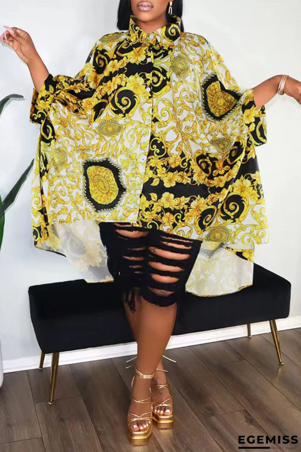 Gold Casual Print Patchwork Buckle Turndown Collar Tops | EGEMISS