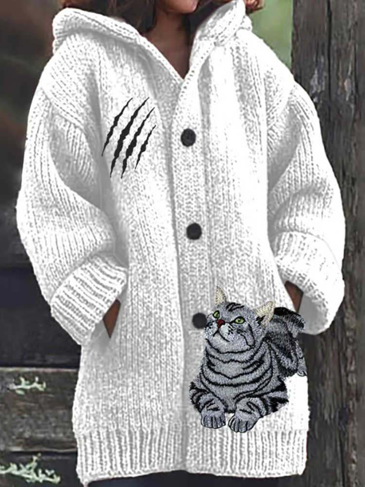 Comstylish Women's Retro Funny Animal Cat Print Cozy Knitted Hoodie Jacket