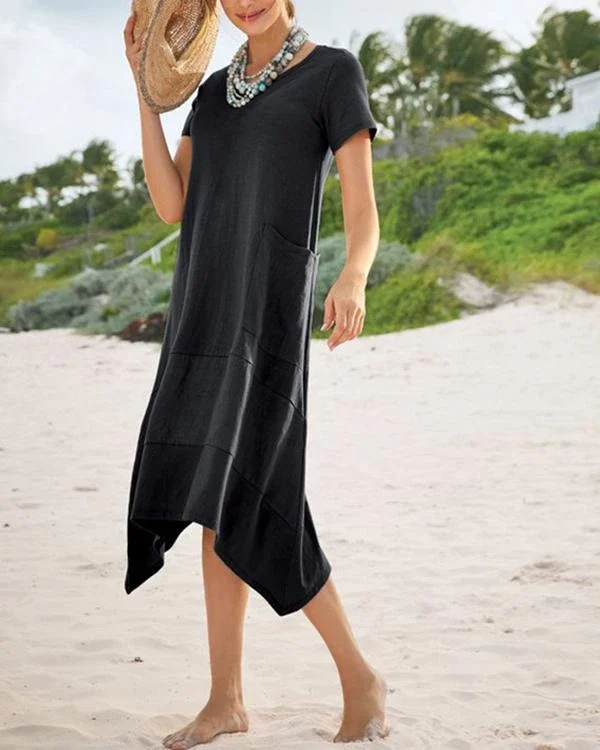 irregular solid short sleeve dress with pocket p597428