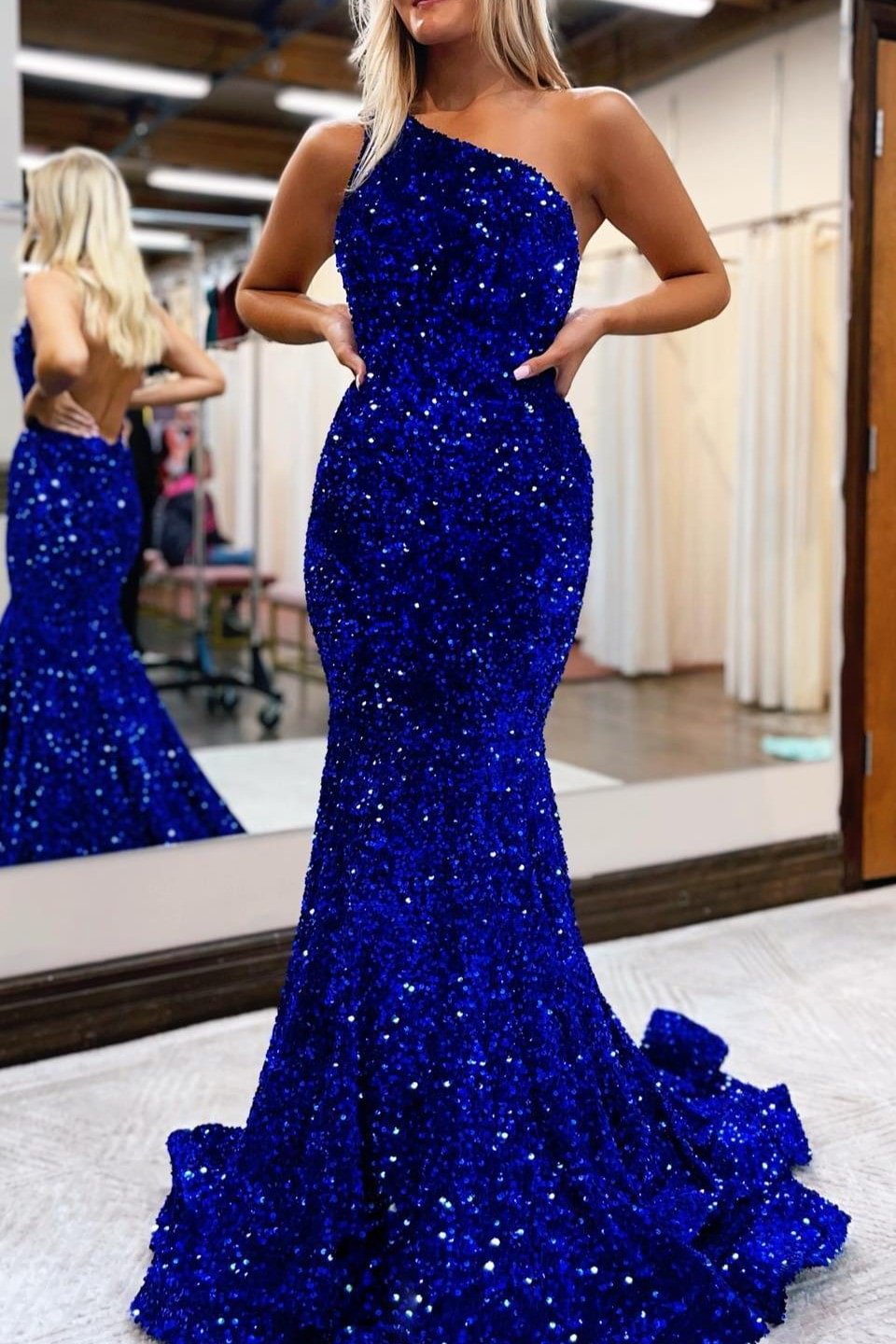 Königsblaues ein Schulter Abendkleid Meerjungfrau Abendkleid mit Pailletten PD0858 Lunass