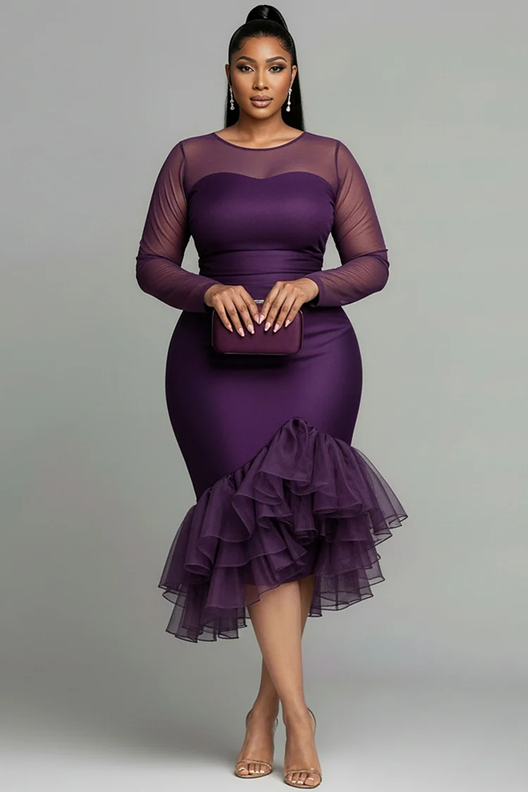 Xpluswear Design Plus Size Cocktail Party Purple Round Neck Long Sleeve Ruffle Elegant See Through Tulle Midi Dresses [Pre-Order]