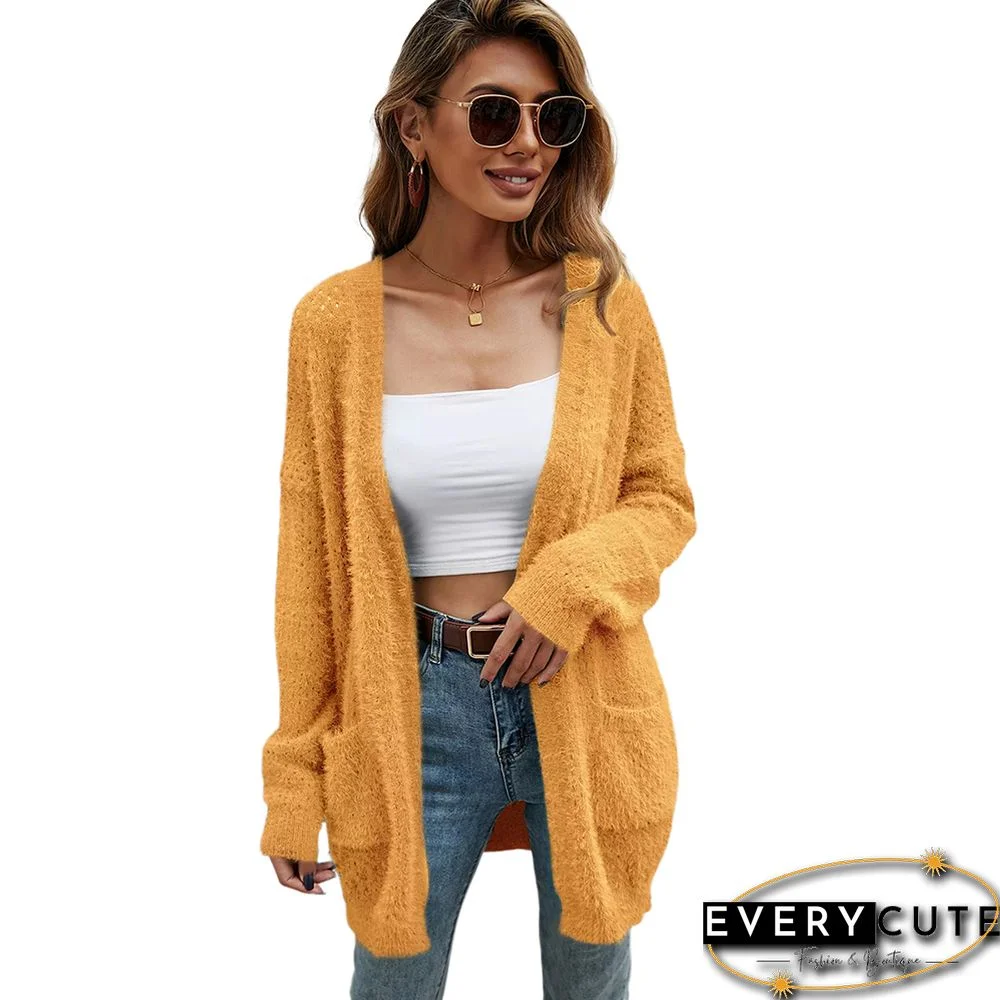 Yellow Knitted Long Cardigan with Pockets