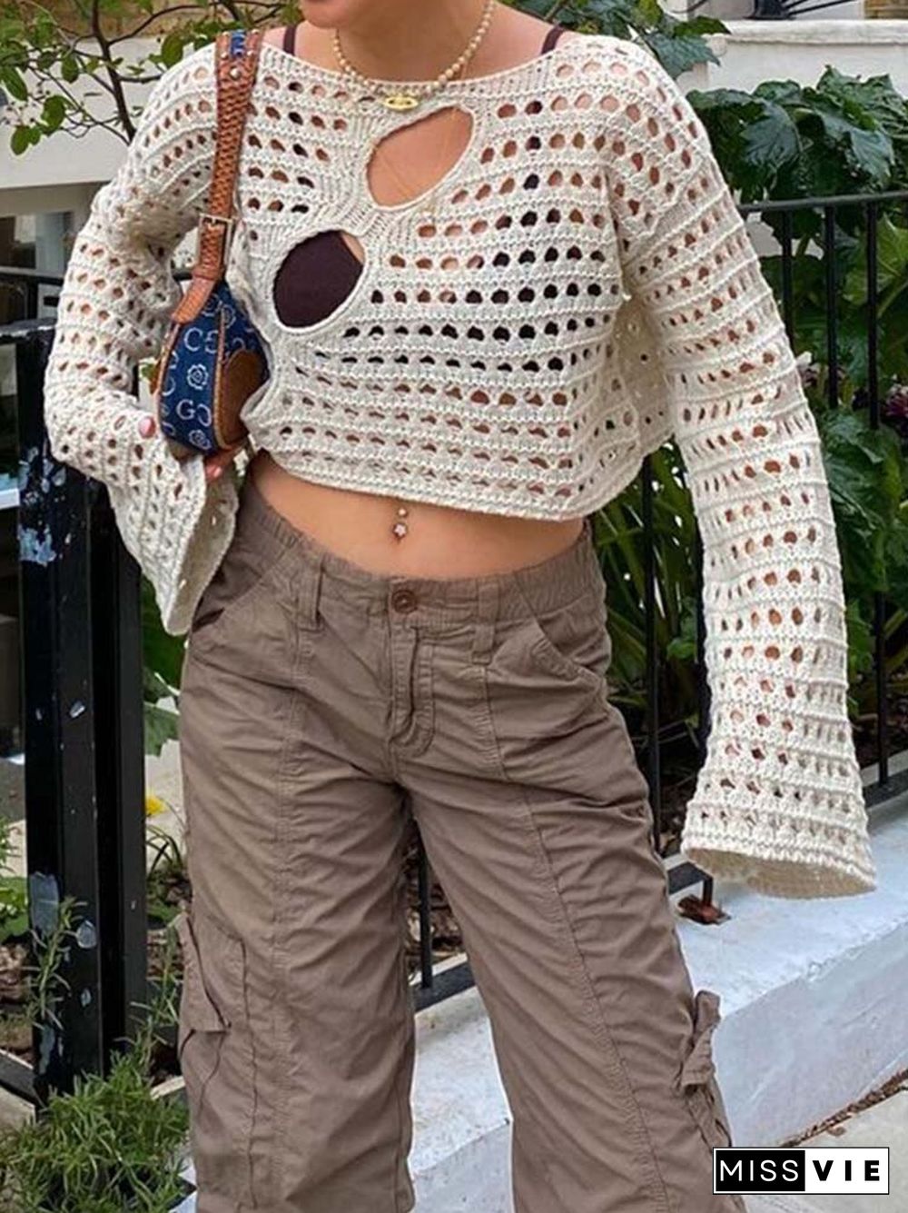 Y2K Hollow Out Cropped Knit Smock Top Vintage Loose Distressed Crochet Pullovers Casual Fairycore Chic Crop Cloth