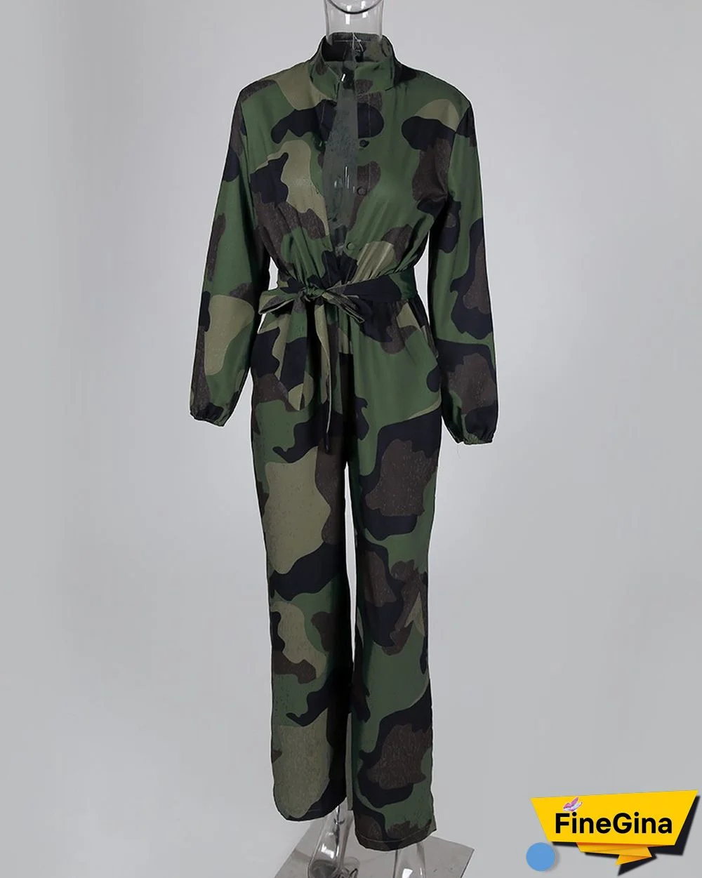 V Neck Camouflage Print Buttoned Jumpsuit