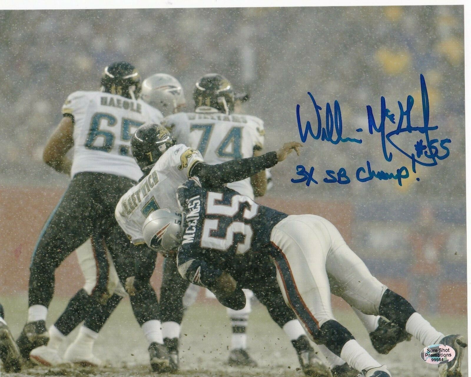 WILLIE MCGINEST NEW ENGLAND PATRIOTS 3 X SB CHAMP ACTION SIGNED 8x10 Photo Poster painting