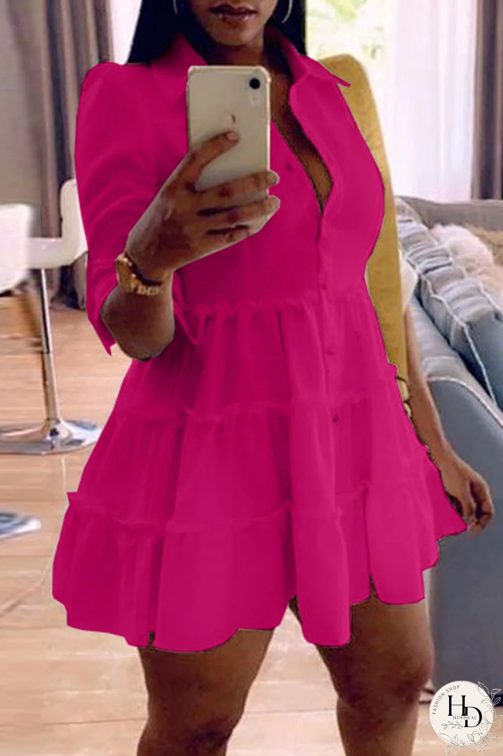 Rose Red Fashion Casual Solid Turndown Collar Shirt Dress