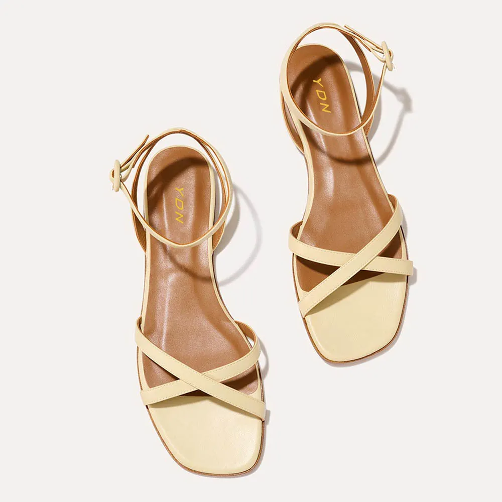 Light Yellow Open Square Toe Ankle Strap Flat Sandals for Women