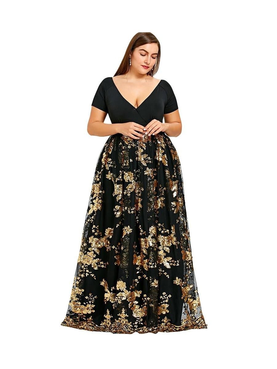 V-Neck  Plus Size Robe Floral Sparkly Long Maxi Dress