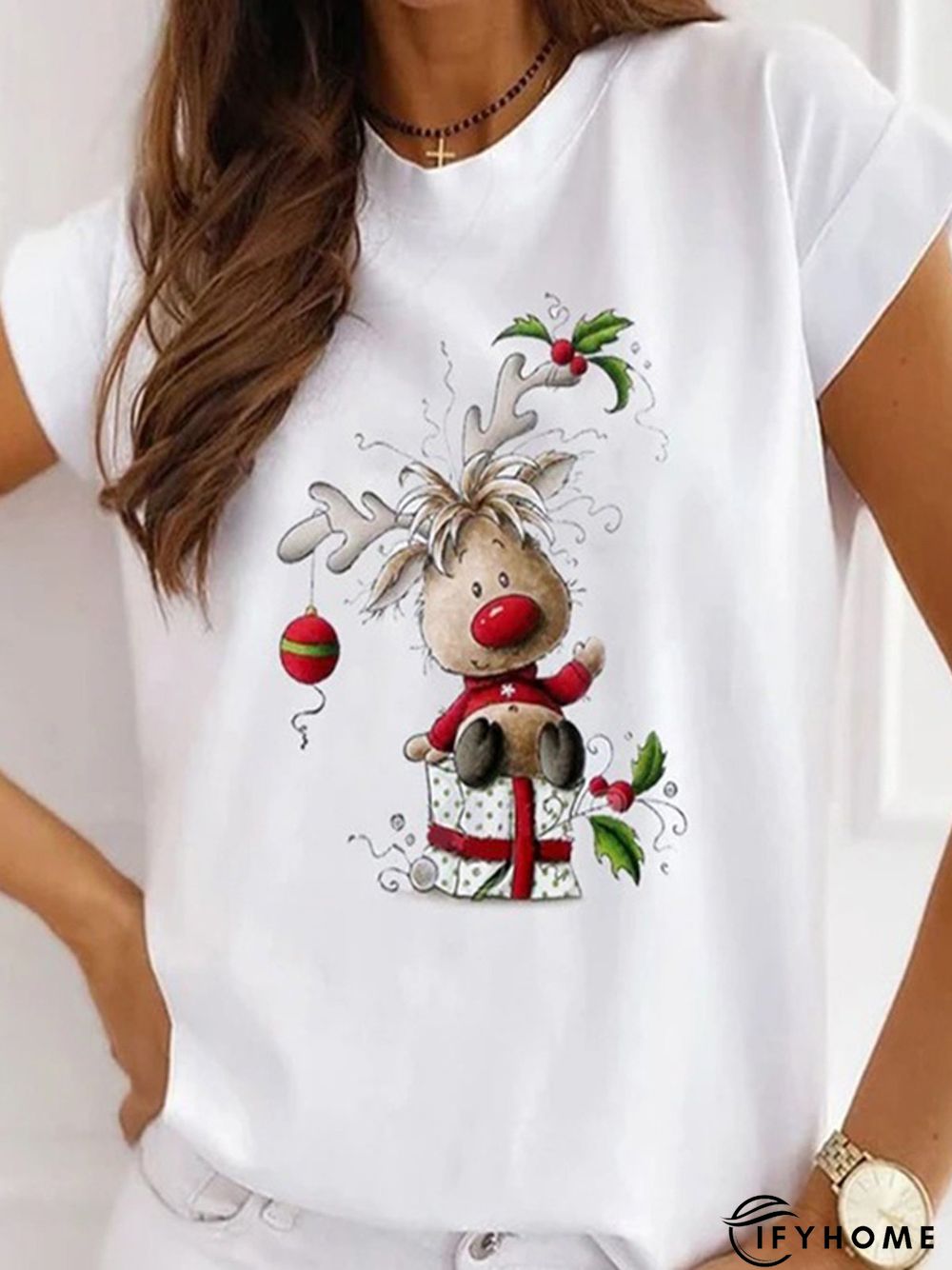 Christmas Loose Crew Neck Cotton Blends Short Sleeve T-Shirt | IFYHOME