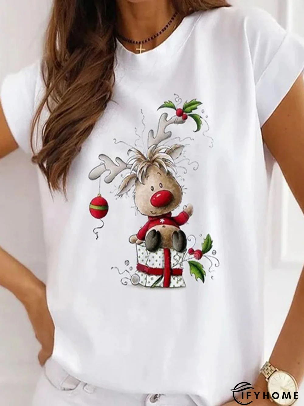 Christmas Loose Crew Neck Cotton Blends Short Sleeve T-Shirt | IFYHOME