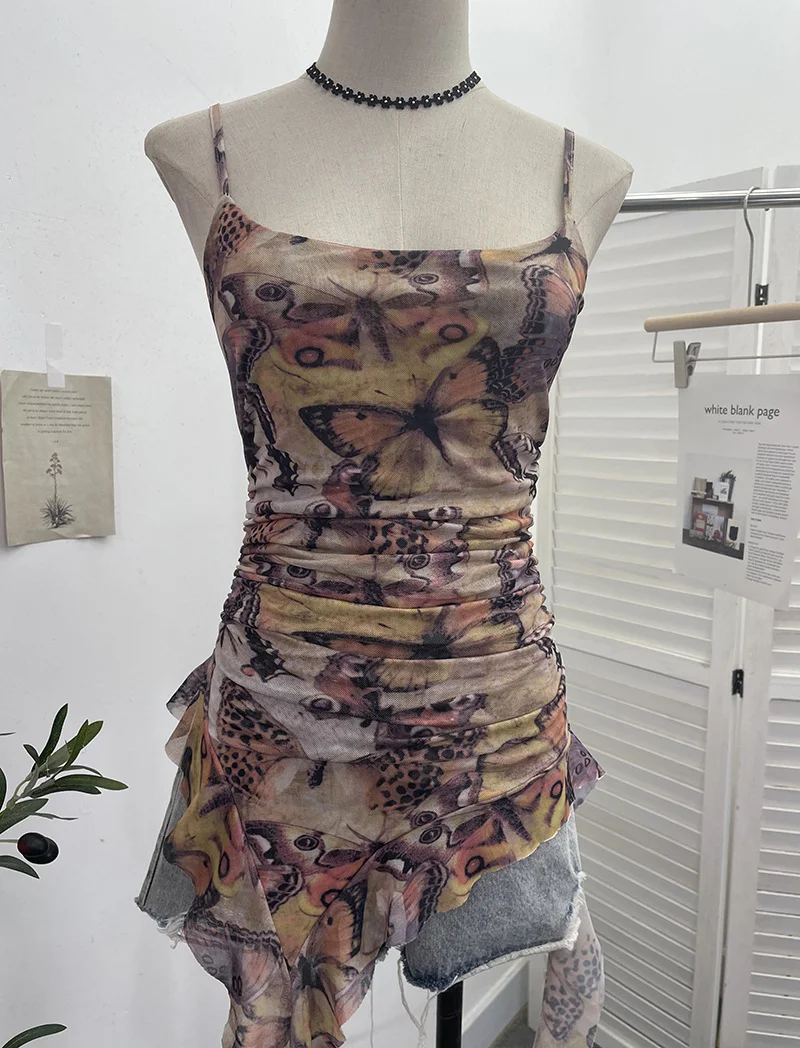 Churchf Spice Girls Irregularly Designed Lotus Leaf Edge Ribbon Sling Vest Tie Mesh Folding Top 9962