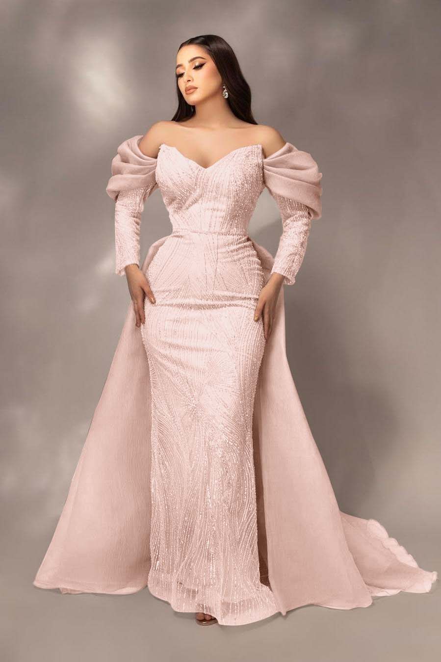 Daisda Glamorous Sequins Off the Shoulder Long Sleeves Mermaid Prom Dress with Pleated