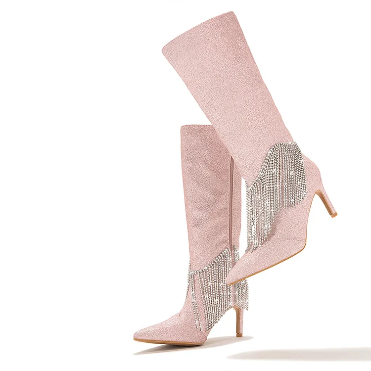 Pink Glitter Pointed Toe Rhinestone Fringe Mid-Calf Heeled Boots |FSJ Shoes