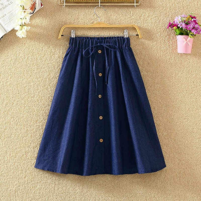 High Waist Skirt Casual Striped Bow Denim Women Solid Color Long Skirt Female Elegant Big Hem Casual Button Jean Skirt