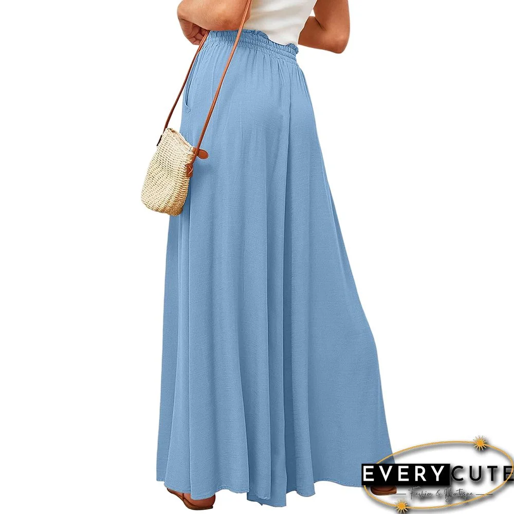 Blue High Waist Elastic Waistband Long Culottes