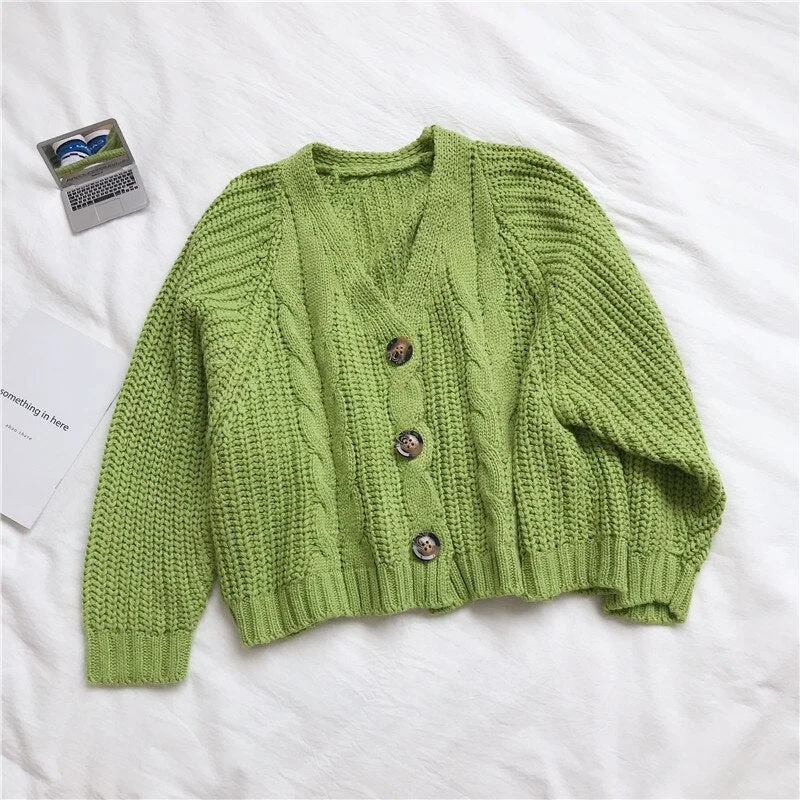 Women Cardigans New Fashion Solid Lantern Long Sleeve V-neck Twist Knitted Short Sweaters Korean Colorful Sweet Students Outwear