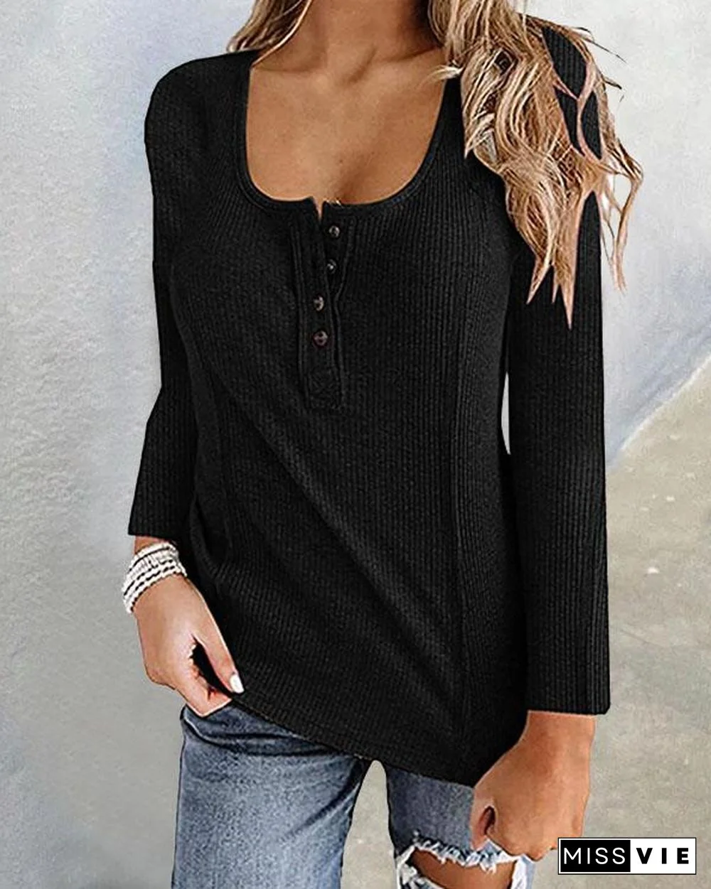 Plain Color Button U Neck Basic Fall T-shirt Tops