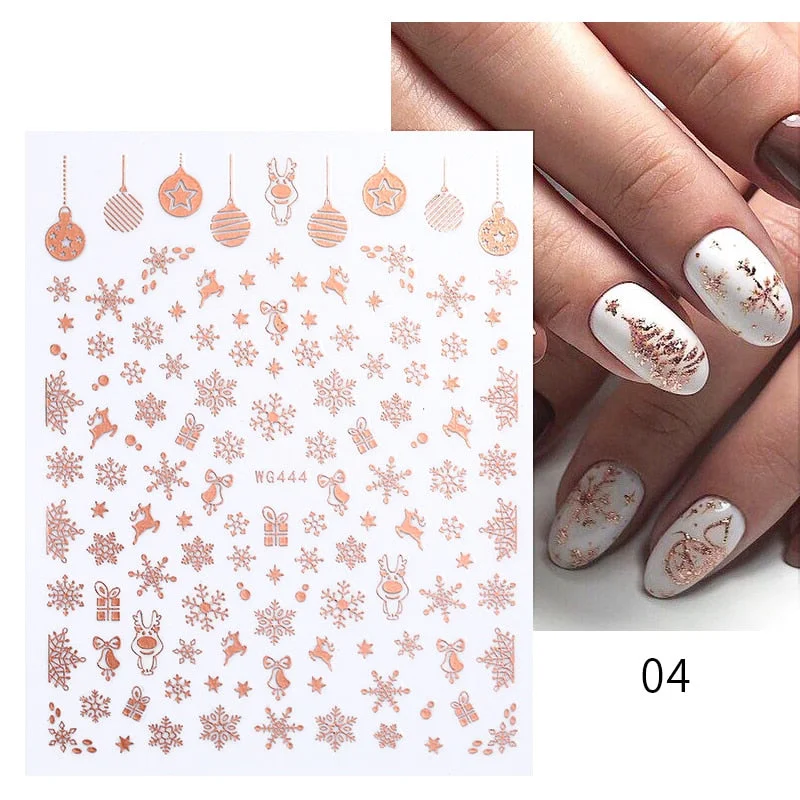 Winter Xmas Nail Art Sticker Gold Sliver Red 3D Bronzing Christmas Elk Santa Snowflake Rabbit Cartoon Slider Design Polish Decor-Nail Inspo