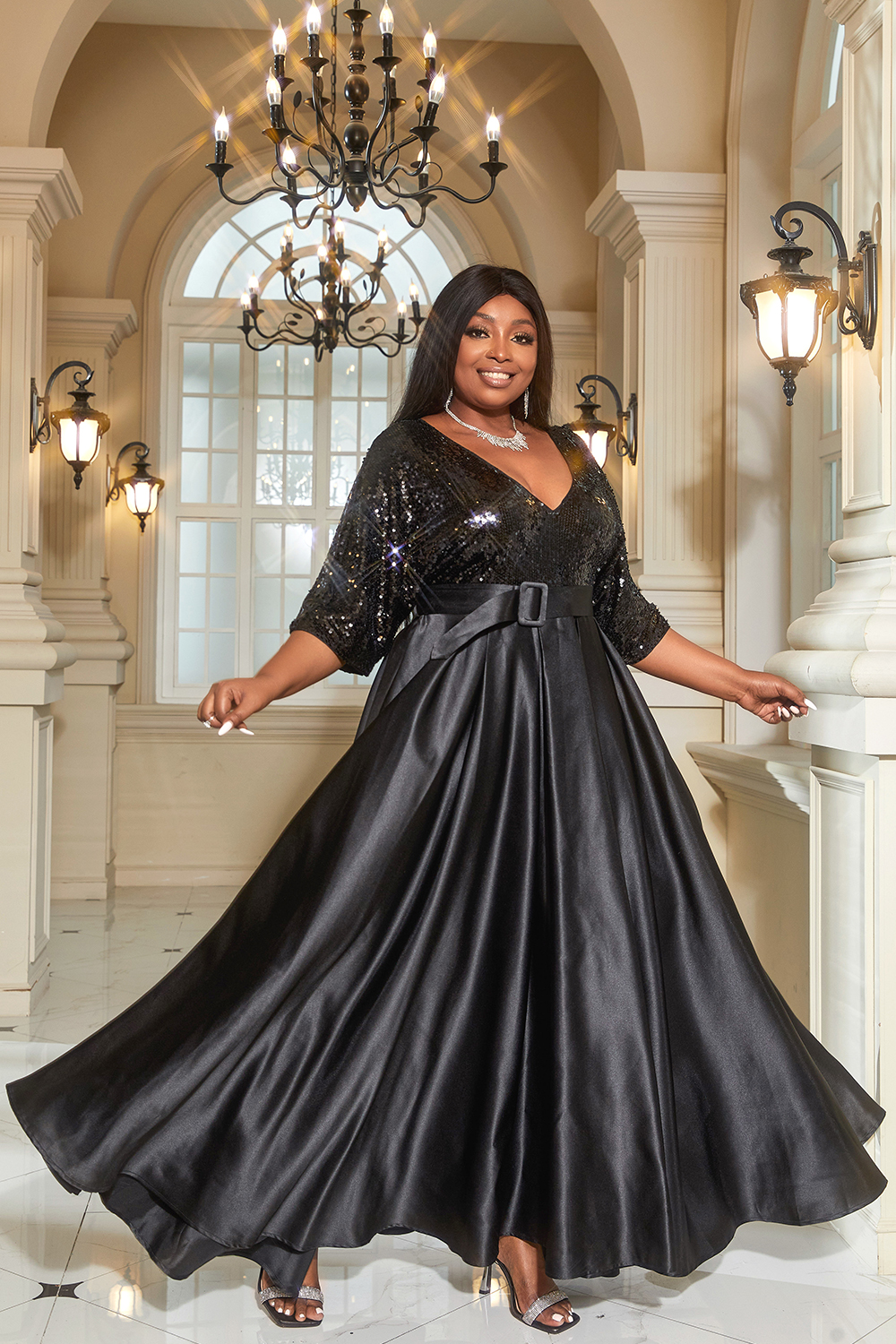 Design Plus Size Evening V Neck Half Sleeve Patchwork With Pocket Maxi Dress
