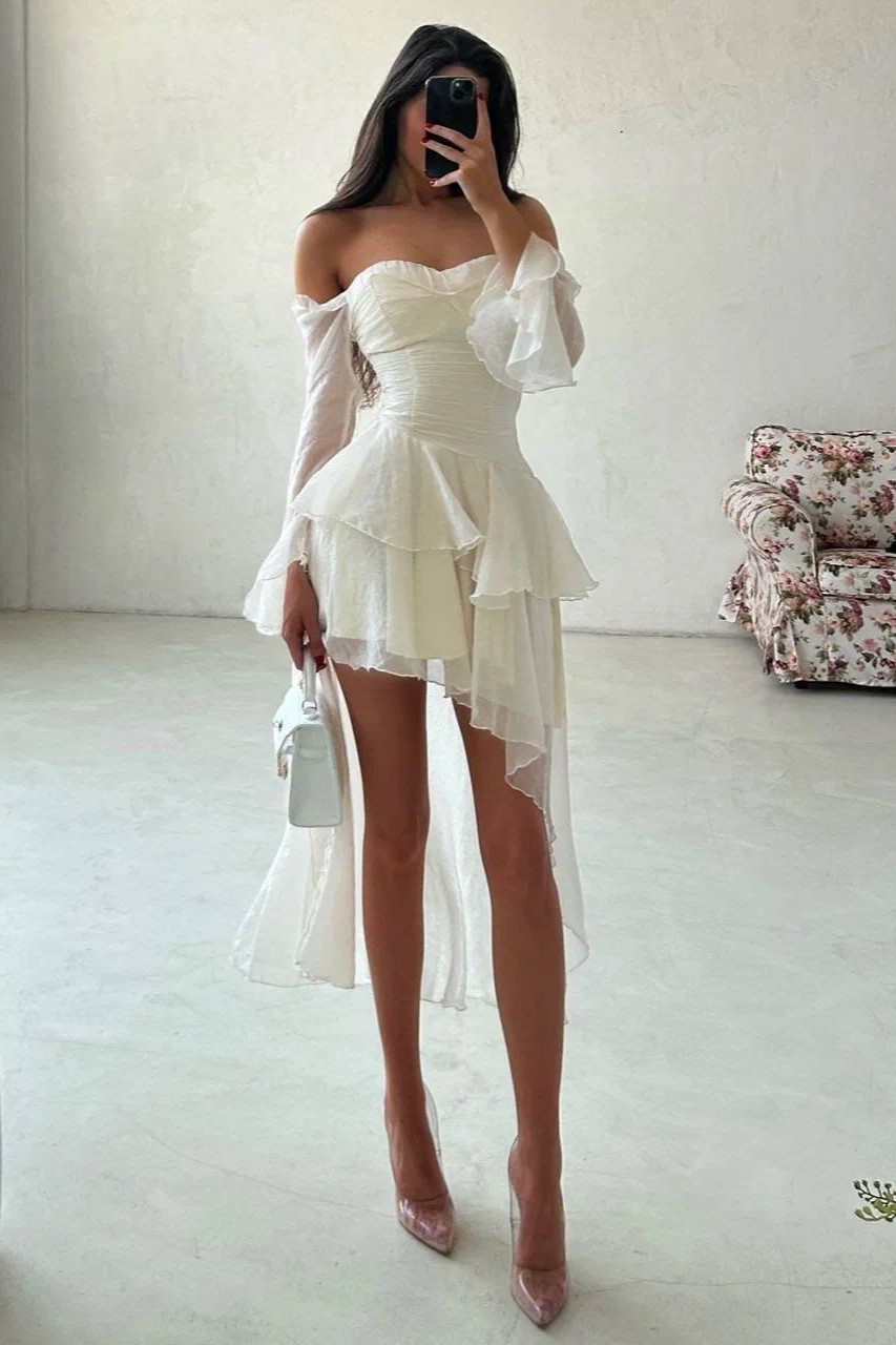 Oknass Off-The-Shoulder Sweetheart Long Sleeves Short Prom Dress With Ruffles