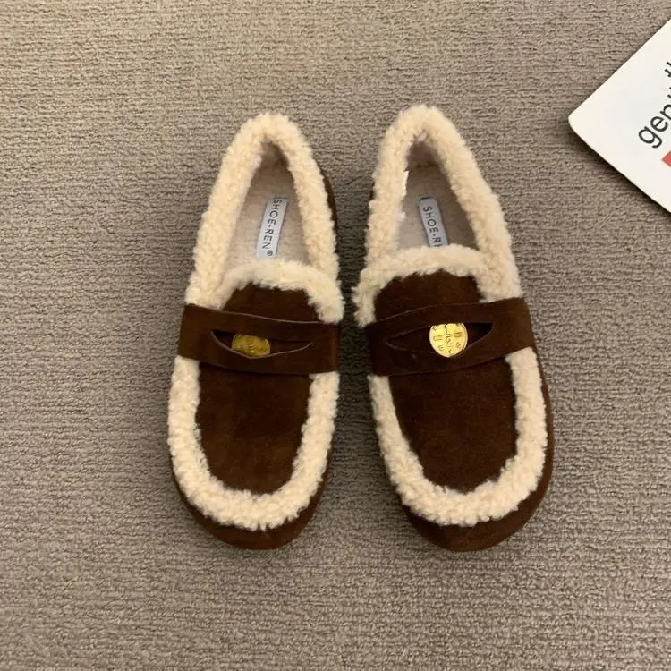 Hipposy funky womens shoes Winter Retro Women's Lamb Wool Shoes Warm Flat Loafers Women Ankle Boots Lazy Driving Shoes Thicken Comfort Cotton Shoes
