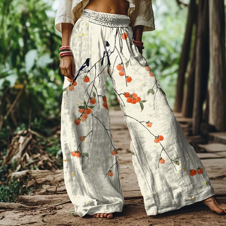 Vintage Persimmon Bird Art Print Loose Wide Leg Pants