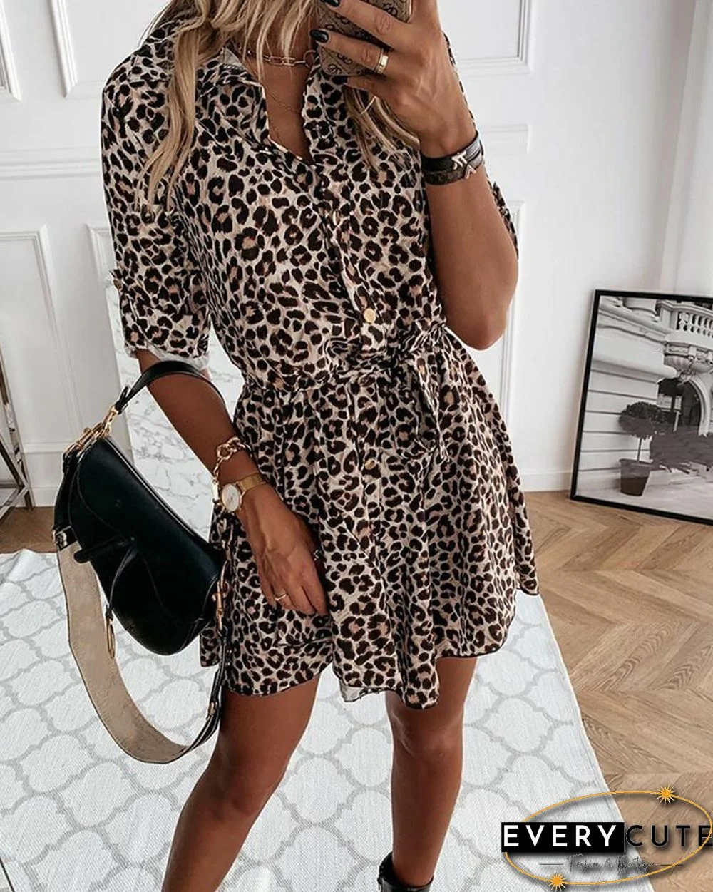Leopard Half Sleeve Loose Lace-up Dress P13109