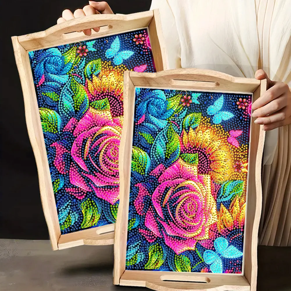 Butterfly Diamond Painting Wooden Serving Tray with Handles Home Decor (C)