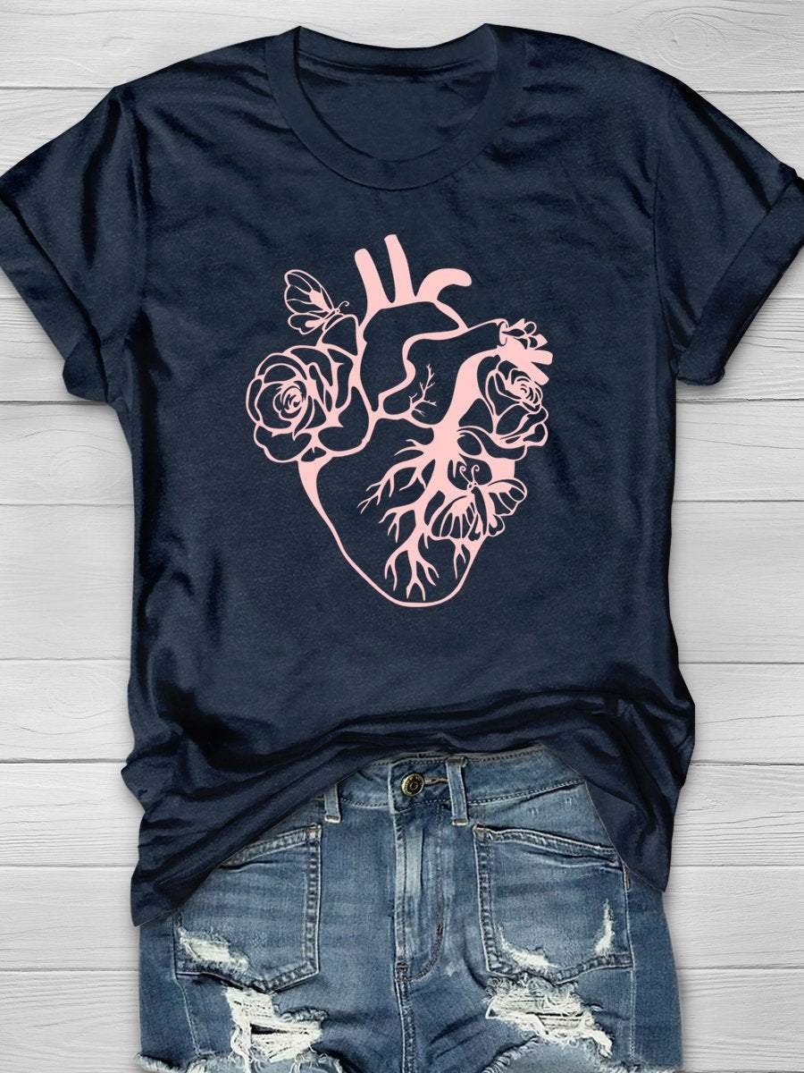 Heart Flower Print Short Sleeve T-shirt