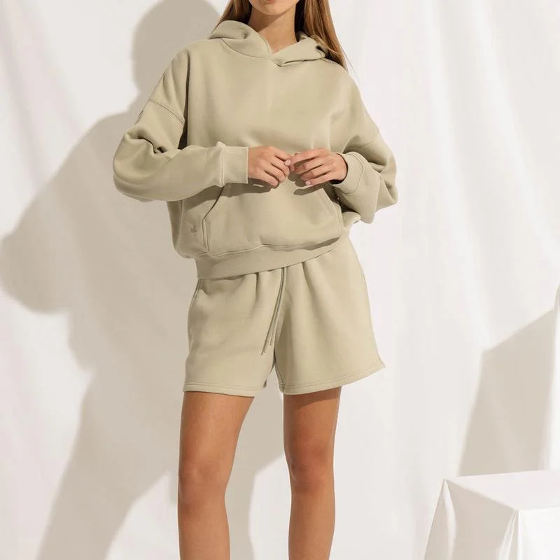 Solid Color Simple Casual Hoodie Tracksuit Two Piece Set