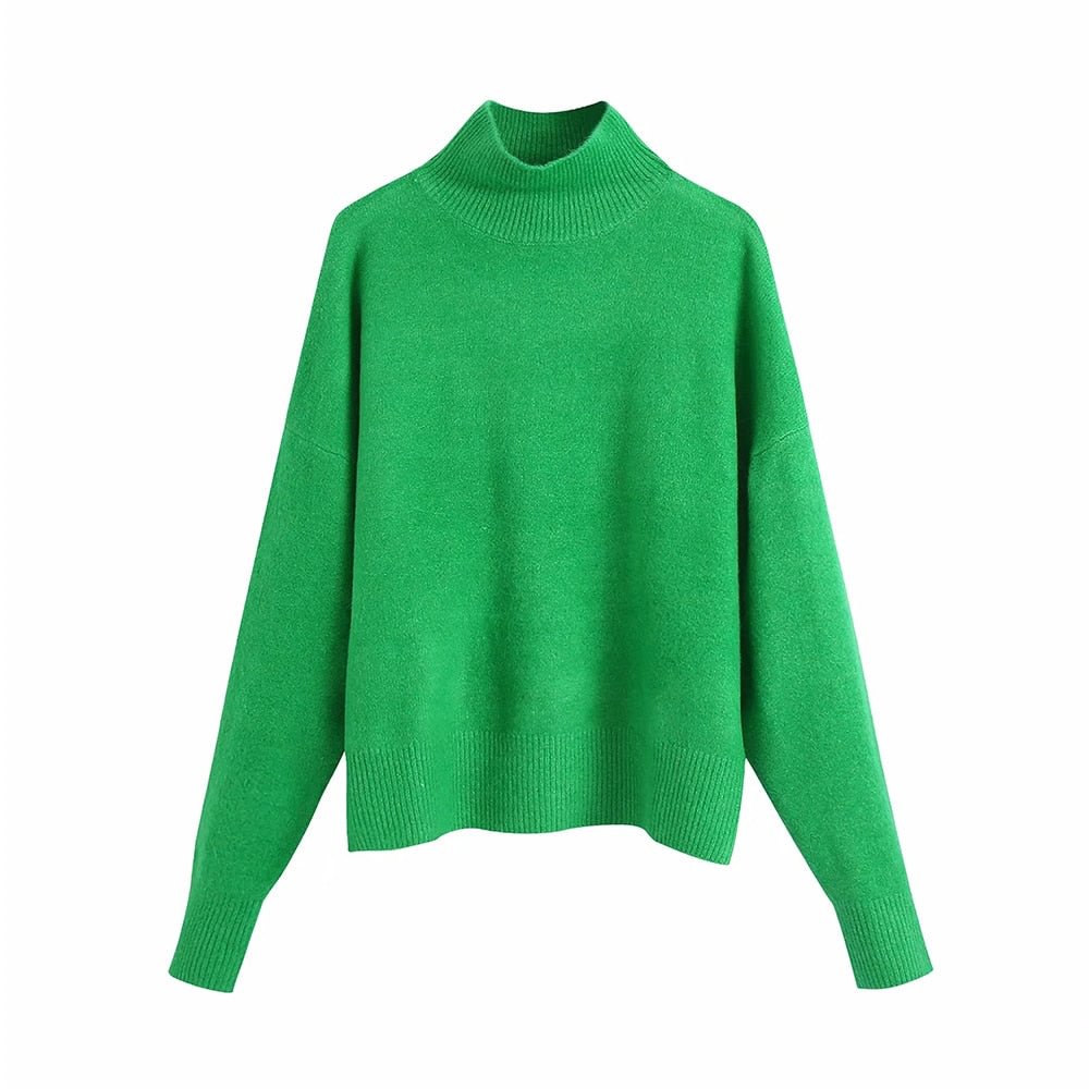 TRAF Women Fashion Soft Touch Loose Knitted Sweater Vintage High Neck Long Sleeve Female Pullovers Chic Tops