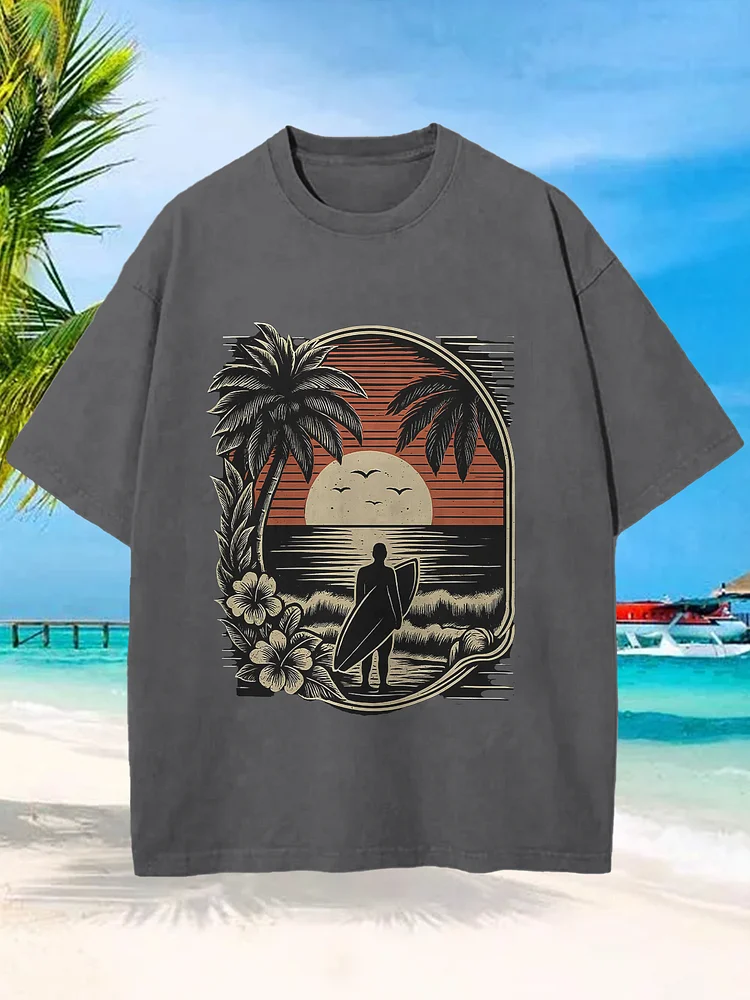 Men's Beach Surfing Vacation Print Cotton Washed T-Shirt