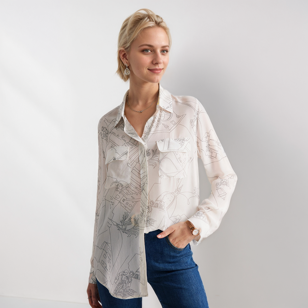 Crepe Silk Blouse Shirt White Printed For Women REAL SILK LIFE