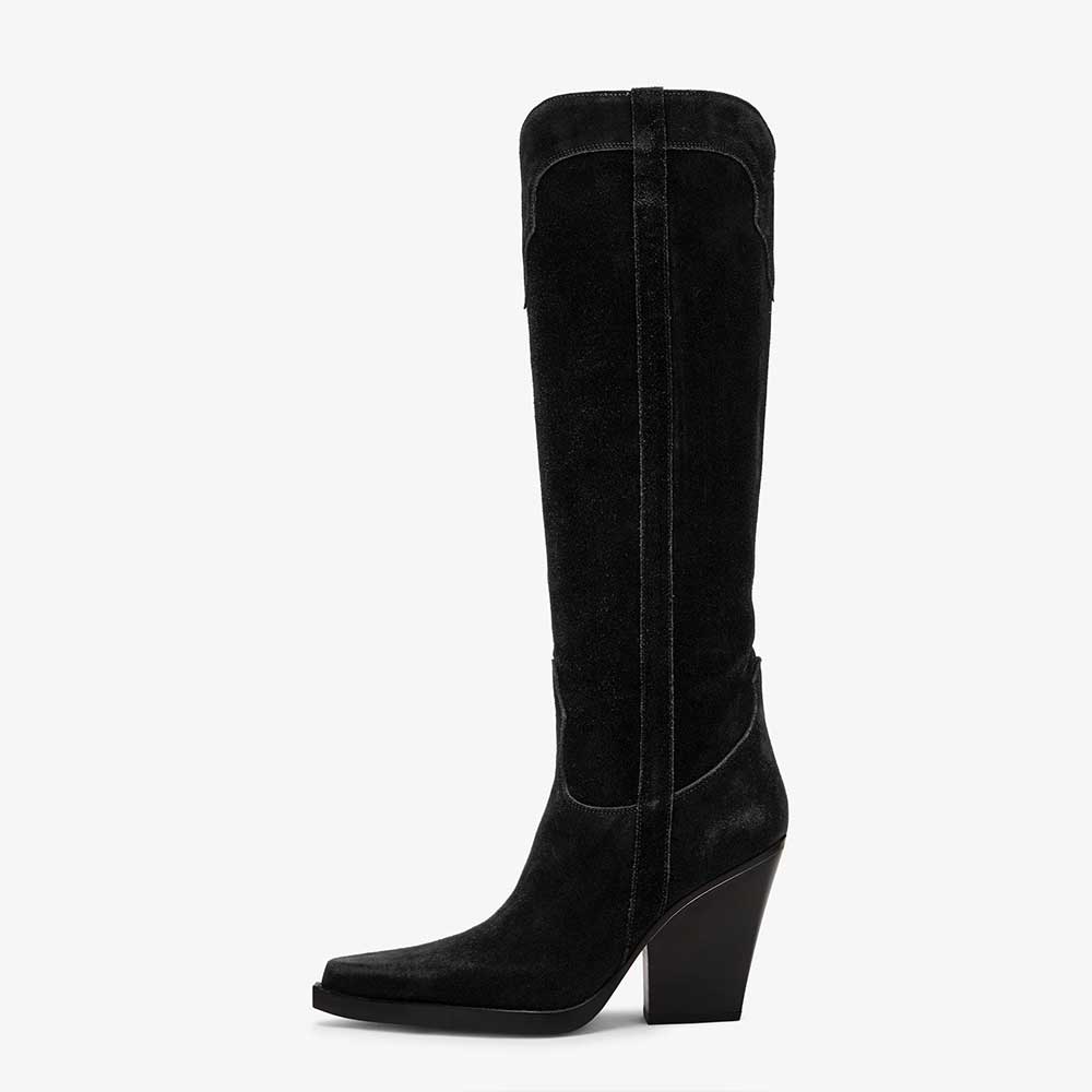  Black Faux Suede Pointed Toe Wide Calf Block Heeled Cowgirl Boots