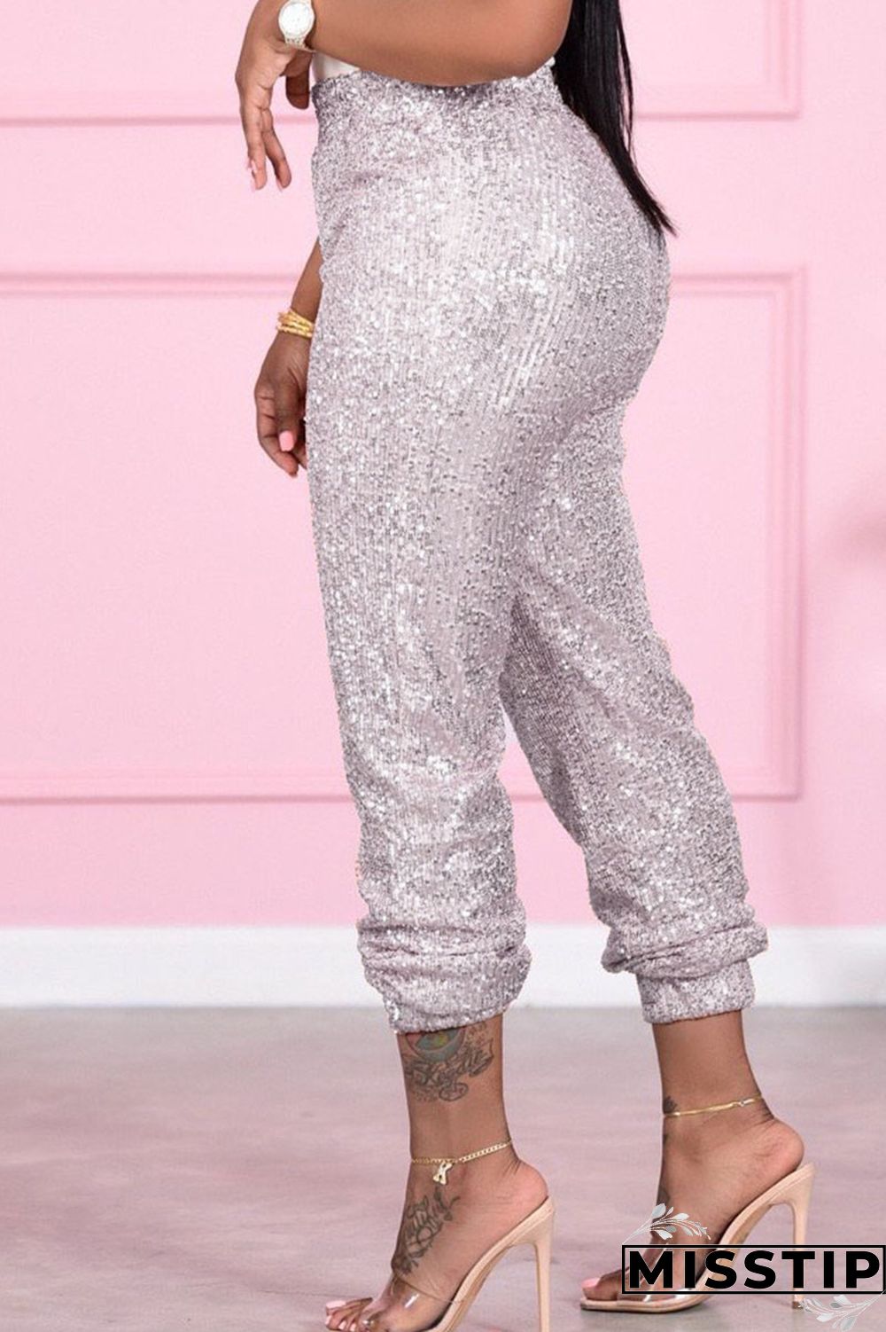 Gold Sexy Solid Sequins Mid Waist Pencil Bottoms