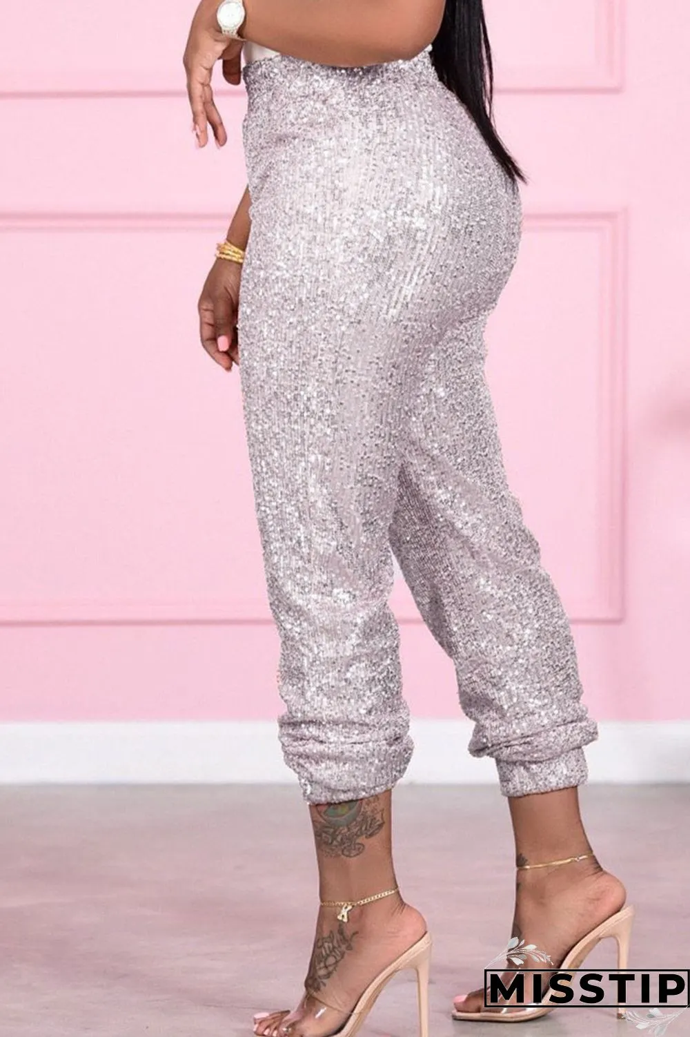 Gold Sexy Solid Sequins Mid Waist Pencil Bottoms