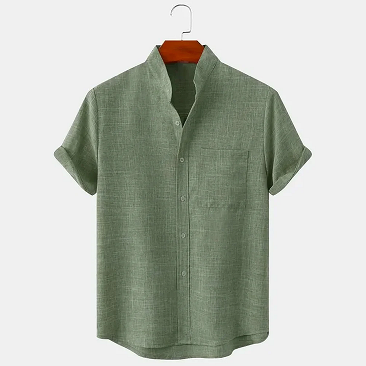 BrosWear Men's Casual Cotton Linen Stand Collar Short Sleeve Plus Size Shirt
