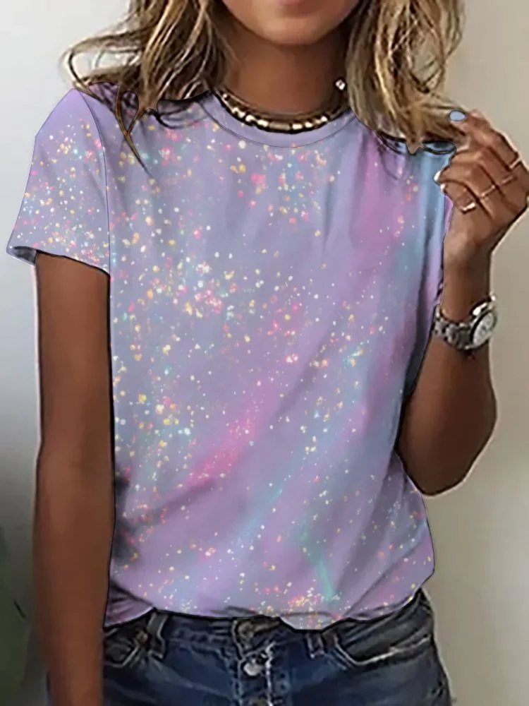 Printed Short Sleeve Casual T-shirt for  Women and Men Unisex Pattern Glitter, Pink, Blue