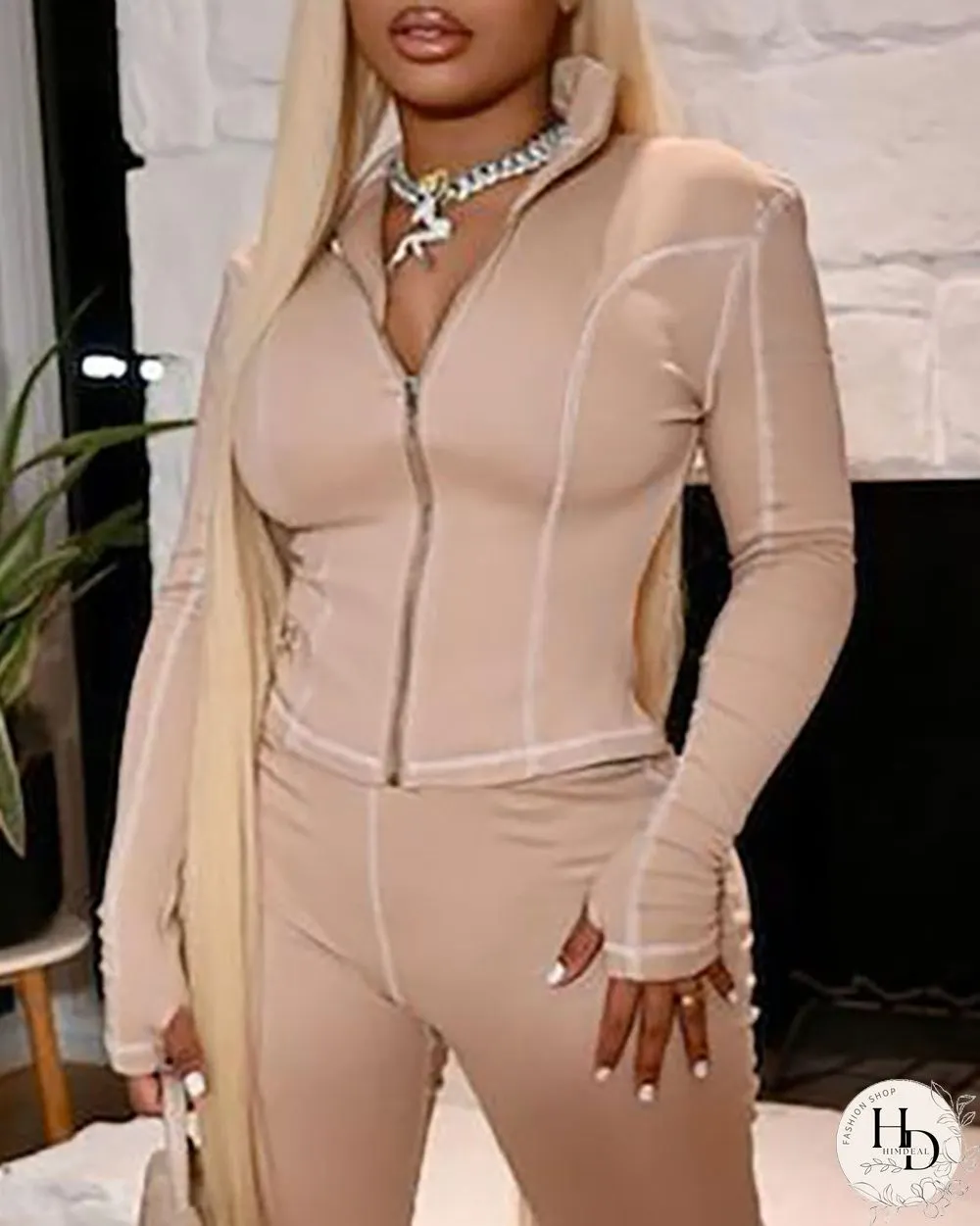 Contrast Piping Zip Front Top & Pants Set