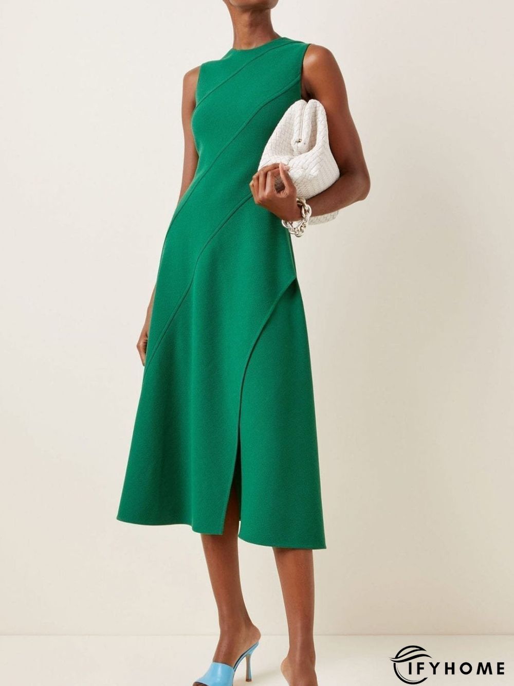 Work Sleeveless Crew Neck Plain  A-Line Midi Dress | IFYHOME