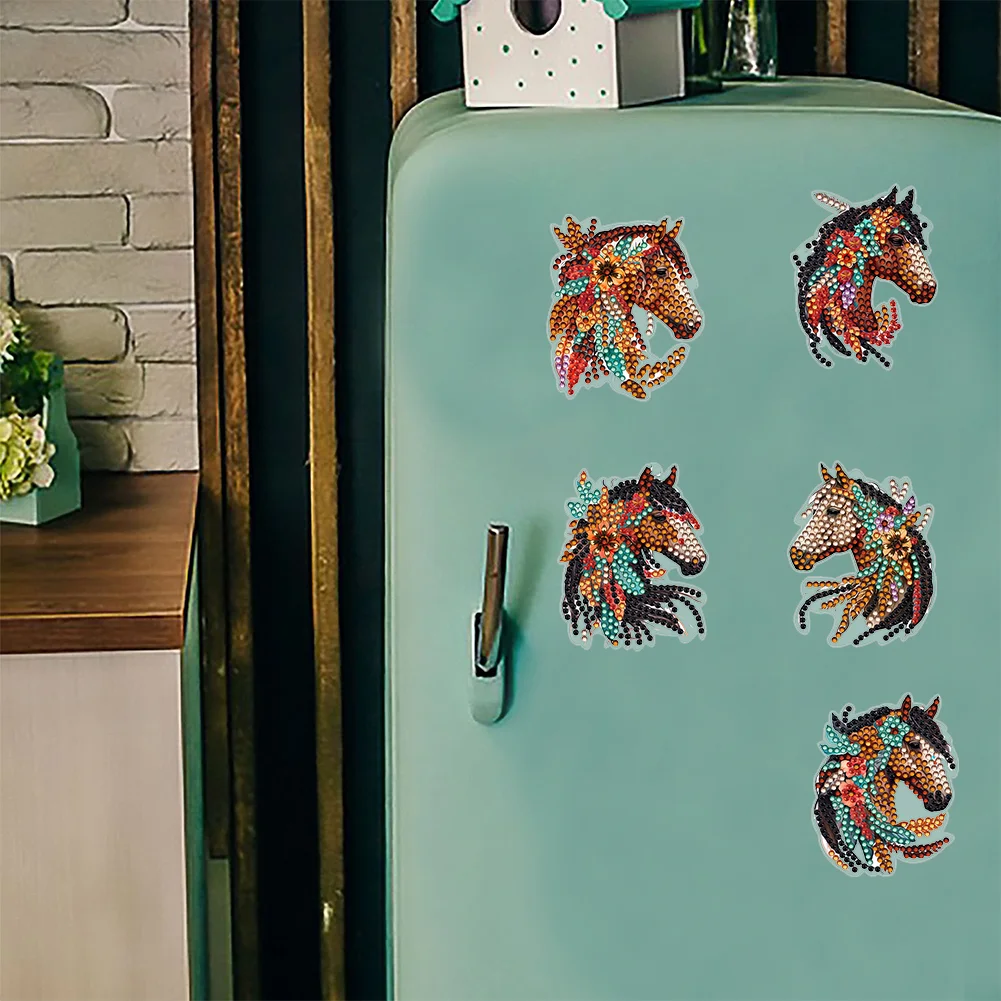  6 Pcs Long Haired Horse Diamond Painting Cartoon Fridge Magnetic Stickers
