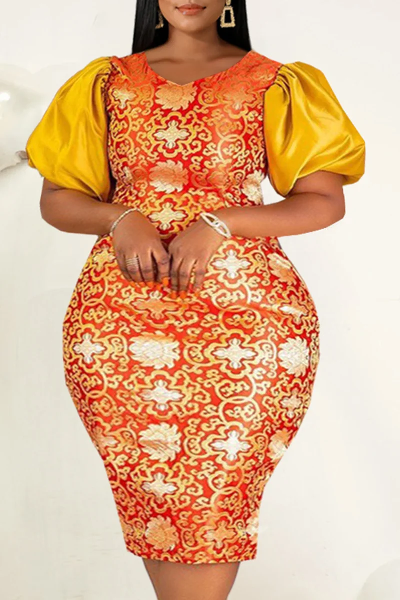 Orange Fashion Casual Print Patchwork Slit O Neck Evening Dress | EGEMISS