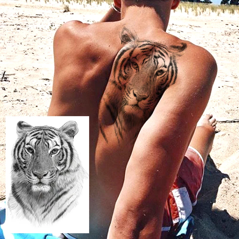 Sdrawing High Quality Lion Tiger Temporary Tattoos For Men Boys Realistic Fake Black Waterproof Tattoos Decal For Adult Party Supplies